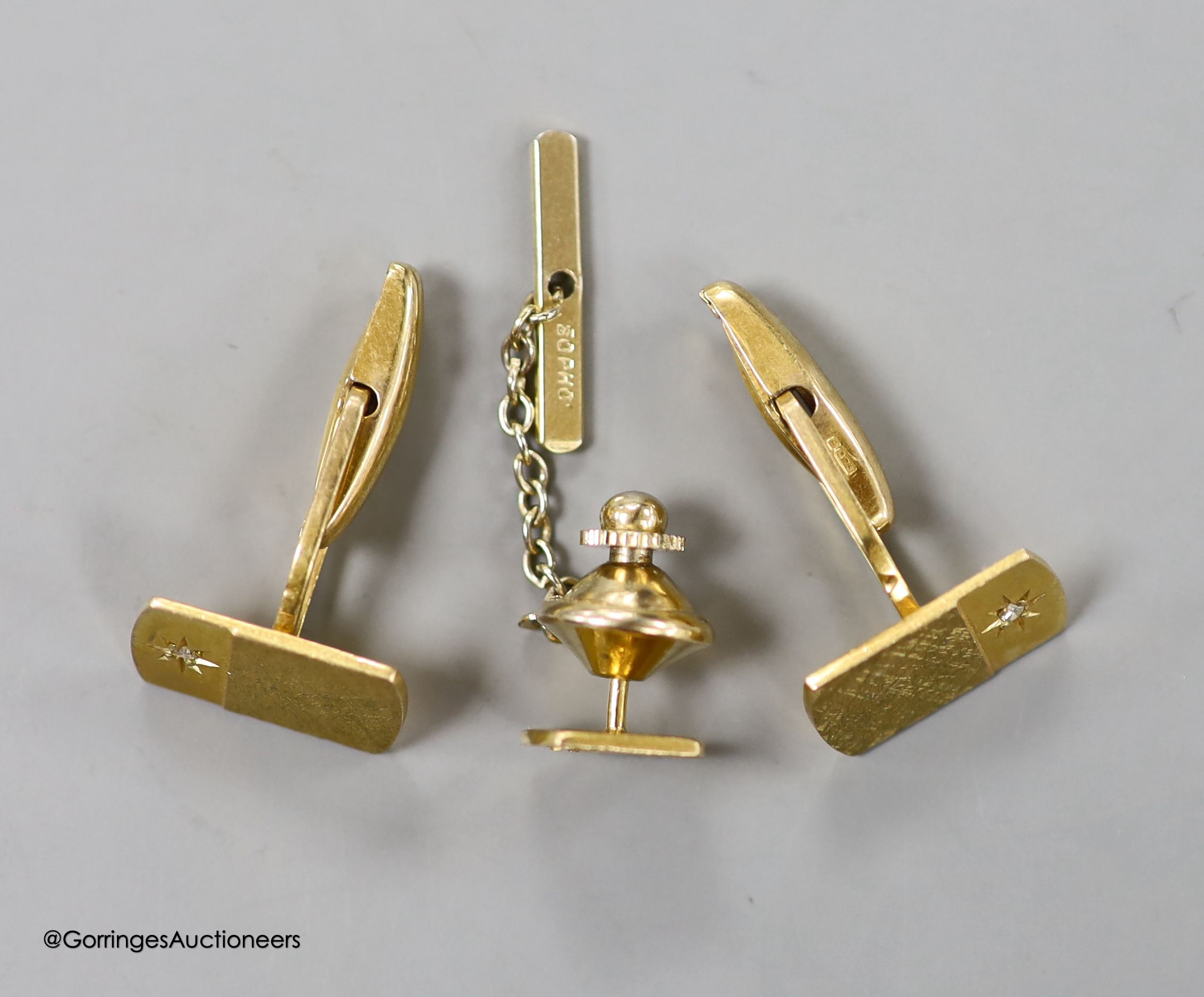 A pair of 9ct yellow gold and diamond-set cufflinks and a matching tie pin, gross 10.4g